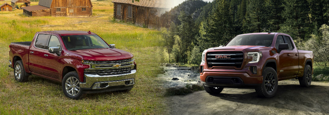 2019 Chevy Silverado and 2019 GMC Sierra both in red