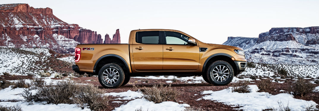 First Look at the All-New 2019 Ford Ranger with image of a 2019 Ranger parked in snowy mountain area